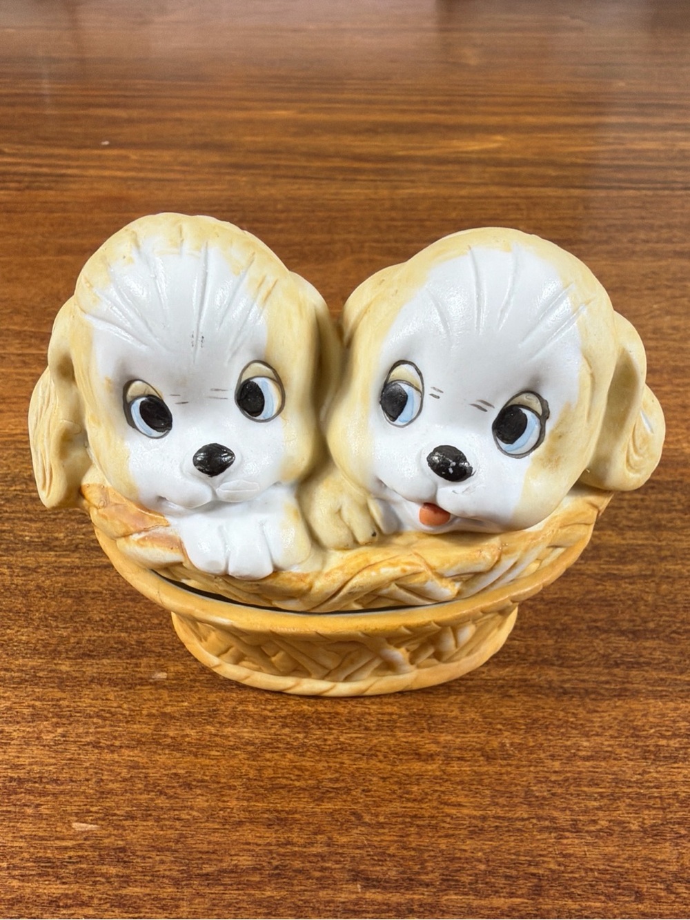 Cream and White Ceramic Puppy Figurine in Woven Basket Tinket Dish